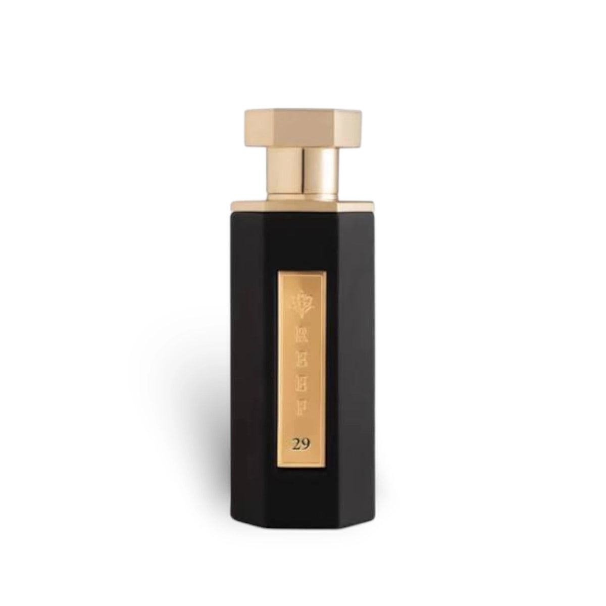 Soghaat Reef 29 unisex Eau de Parfum in a sleek black hexagonal bottle with a gold cap and label.