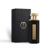 Soghaat Reef 29 unisex Eau de Parfum in a black hexagonal bottle with a gold cap, next to its matching floral box.