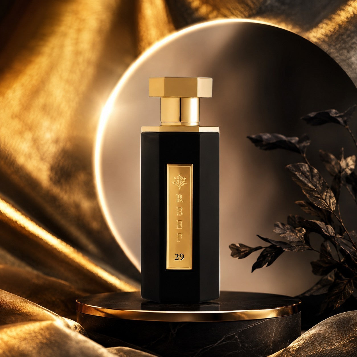 Soghaat Reef 29 unisex Eau de Parfum in a sleek black bottle with gold accents, set against a luxurious gold backdrop.