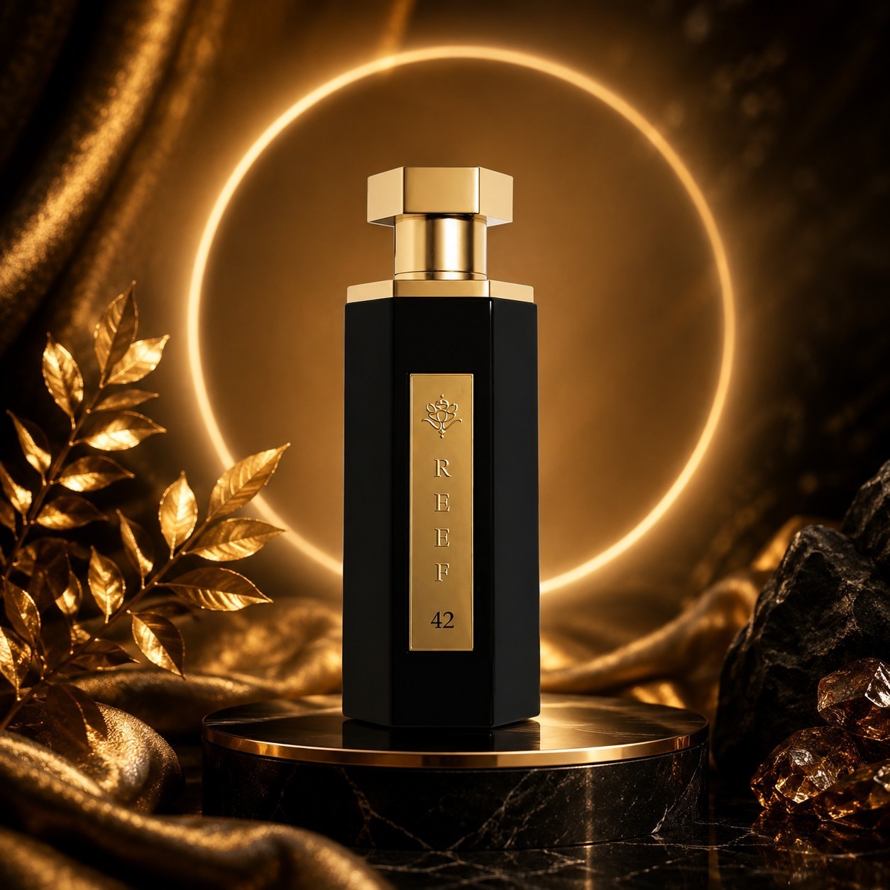 Soghaat Reef 42 unisex Eau de Parfum in a sleek black hexagonal bottle with gold cap, set against a glowing halo.