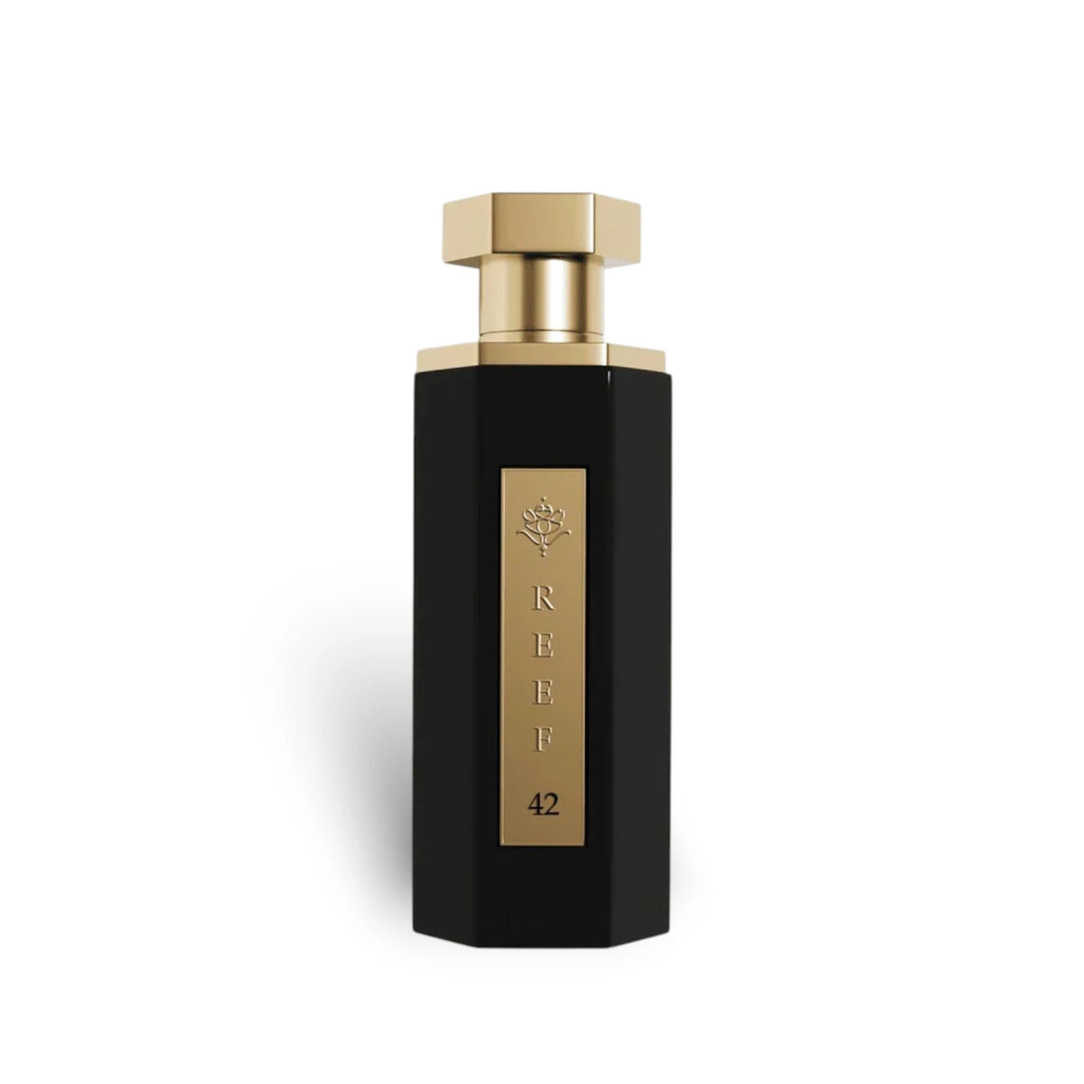 Soghaat Reef 42 unisex Eau de Parfum in a sleek black hexagonal bottle with a gold cap and label.