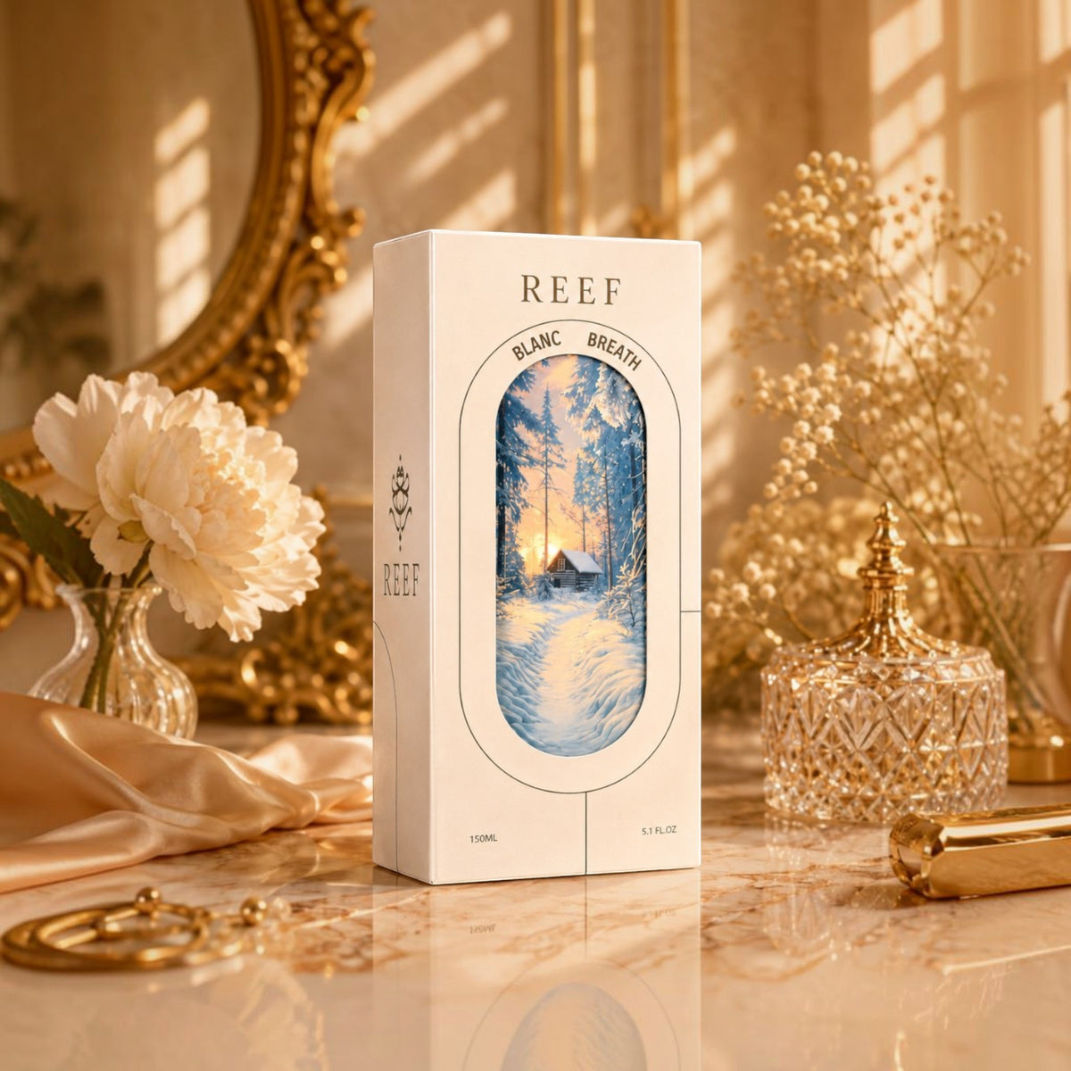 Soghaat Reef Blanc Breath 150ml Eau de Parfum box featuring a winter forest illustration on a marble vanity table.