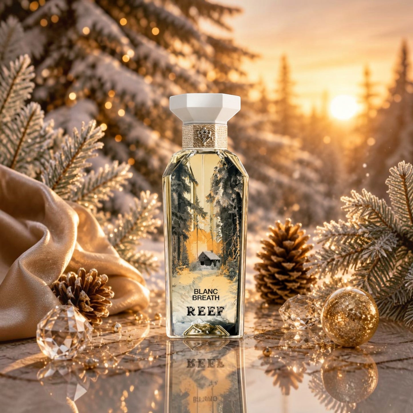 Soghaat Reef Blanc Breath 150ml Eau de Parfum bottle featuring a winter forest illustration, set against a snowy landscape.