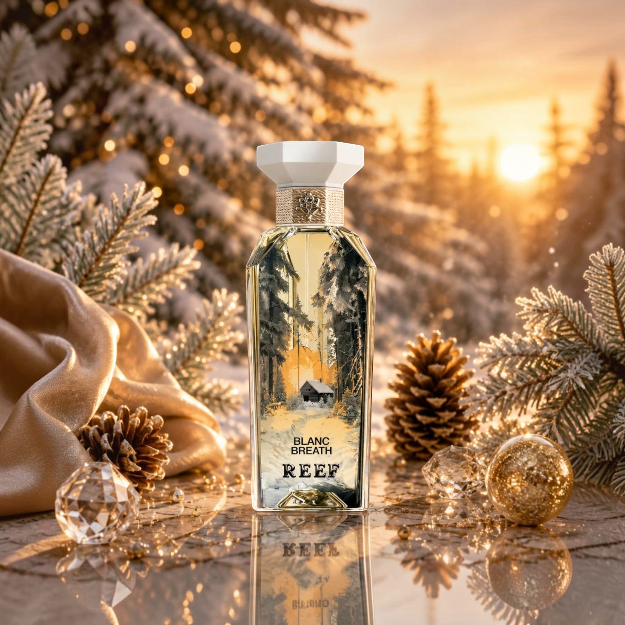 Soghaat Reef Blanc Breath 150ml Eau de Parfum bottle featuring a winter forest illustration, set against a snowy landscape.