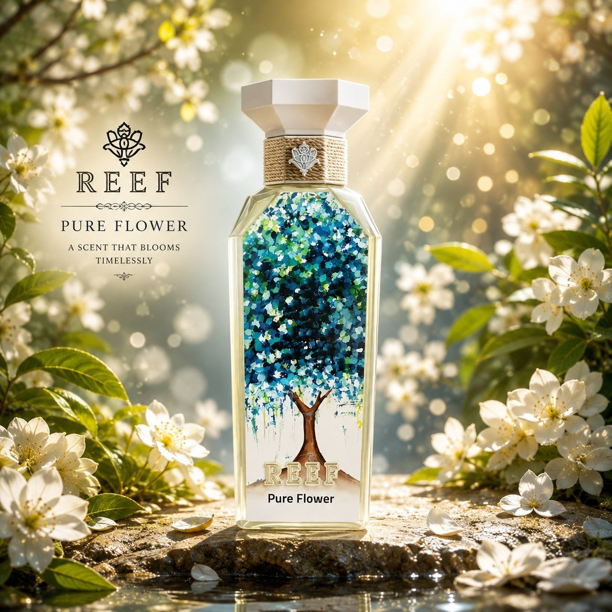 Soghaat REEF Pure Flower Eau de Parfum bottle featuring a tree illustration, set in a sunlit garden of white flowers.