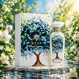 Soghaat REEF Pure Flower Eau de Parfum bottle and box featuring a blue floral tree design in a sunlit garden.