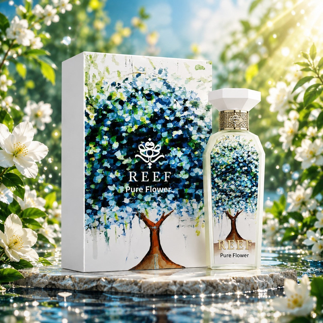 Soghaat REEF Pure Flower Eau de Parfum bottle and box featuring a blue floral tree design in a sunlit garden.