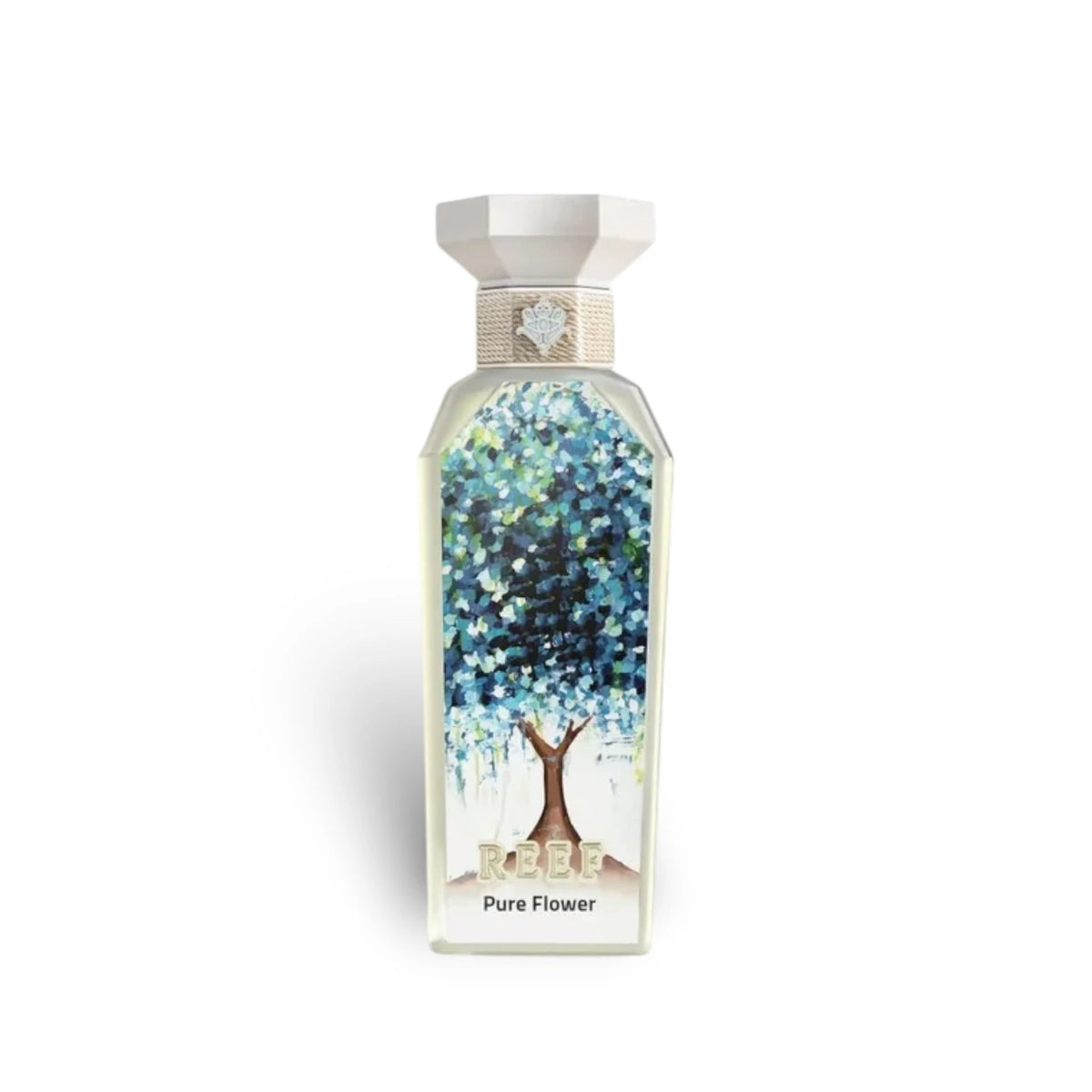 Soghaat REEF Pure Flower 150ml Eau de Parfum bottle featuring a decorative tree illustration and white cap.