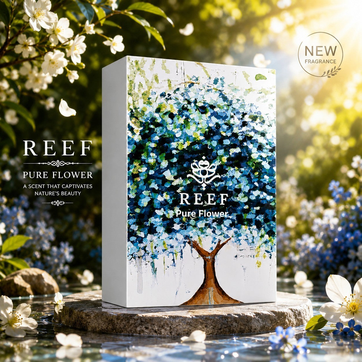 Soghaat REEF Pure Flower Eau de Parfum bottle featuring artistic tree illustration, set in a sunny garden with flowers.