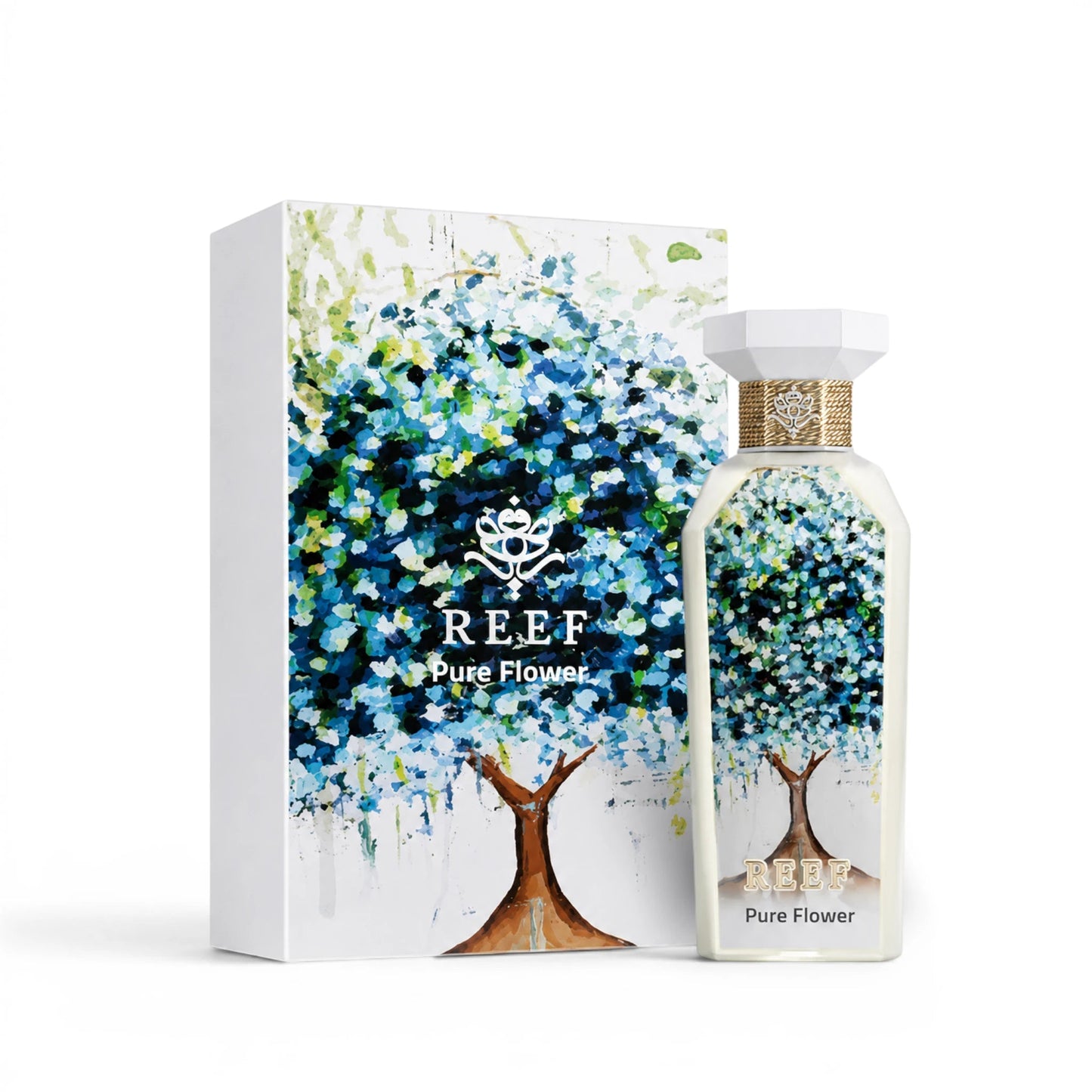 Soghaat REEF Pure Flower 150ml Eau de Parfum bottle and box featuring a vibrant blue and green floral tree illustration.