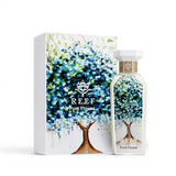Soghaat REEF Pure Flower 150ml Eau de Parfum bottle and box featuring a vibrant blue and green floral tree illustration.