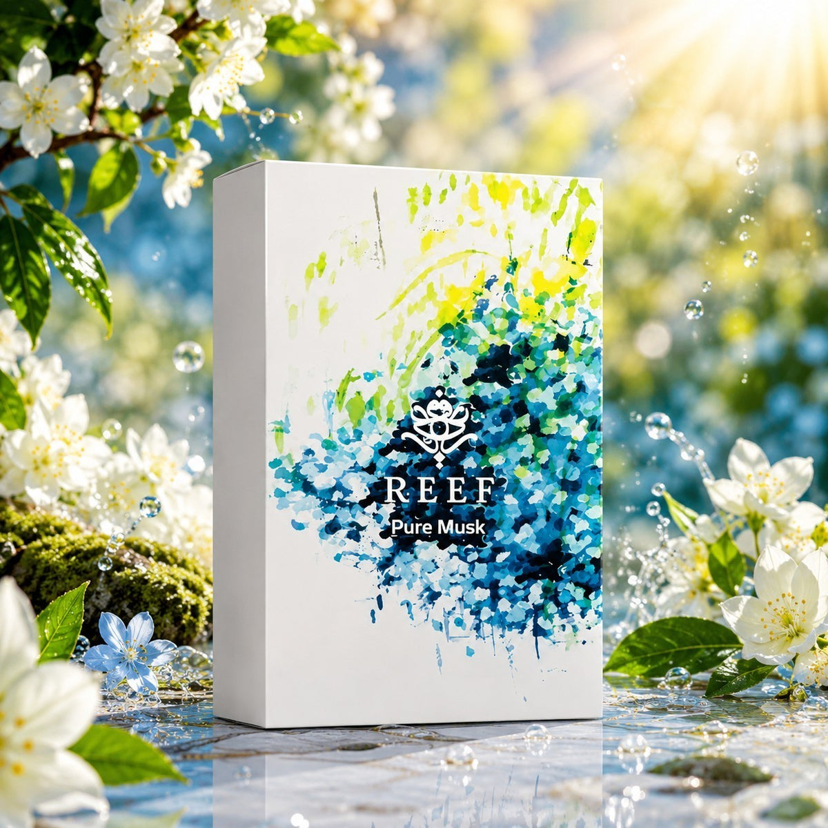 Soghaat REEF Pure Musk Eau de Parfum box featuring blue and yellow watercolor floral art in a sunlit garden setting.