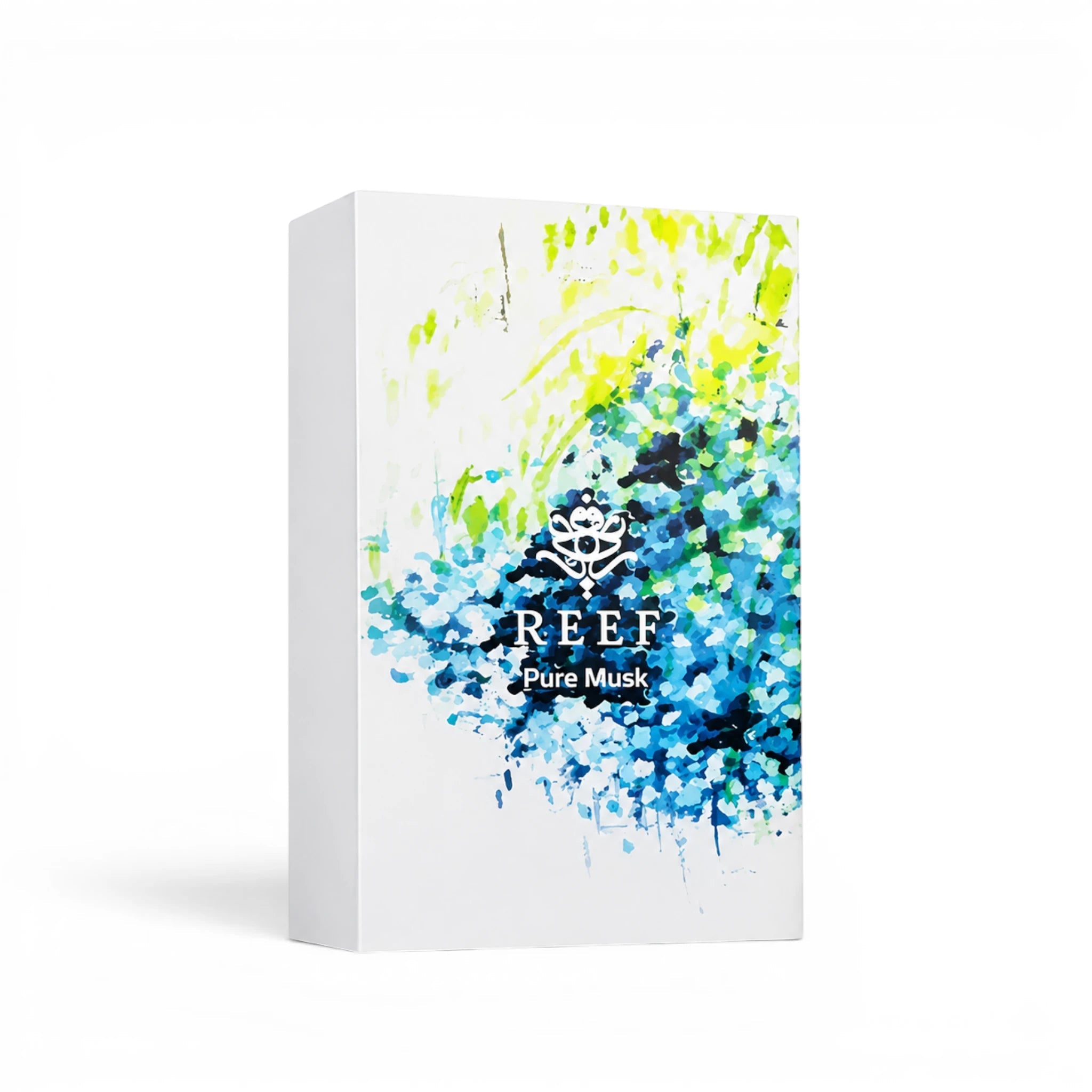Soghaat REEF Pure Musk Eau de Parfum 150ml bottle in a white box with vibrant blue, green, and yellow floral art.