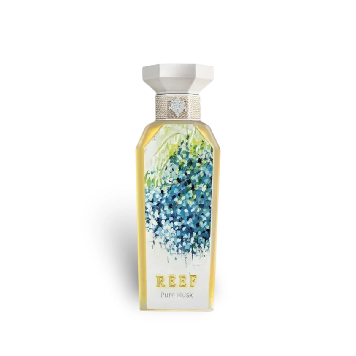 Soghaat REEF Pure Musk 150ml Eau de Parfum bottle featuring a white cap and artistic blue floral design.