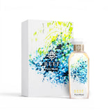 Soghaat REEF Pure Musk Eau de Parfum bottle and matching gift box with vibrant blue and green floral art design.