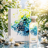 Soghaat REEF Pure Musk Eau de Parfum bottle and box set with floral accents and water splashes in a sunlit garden.