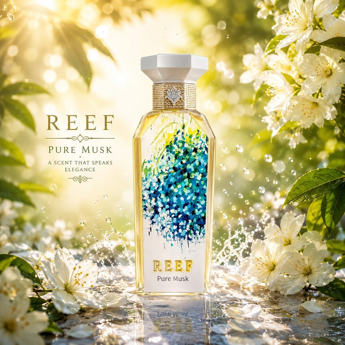 Soghaat REEF Pure Musk unisex Eau de Parfum bottle surrounded by white flowers and water splashes in sunlight.