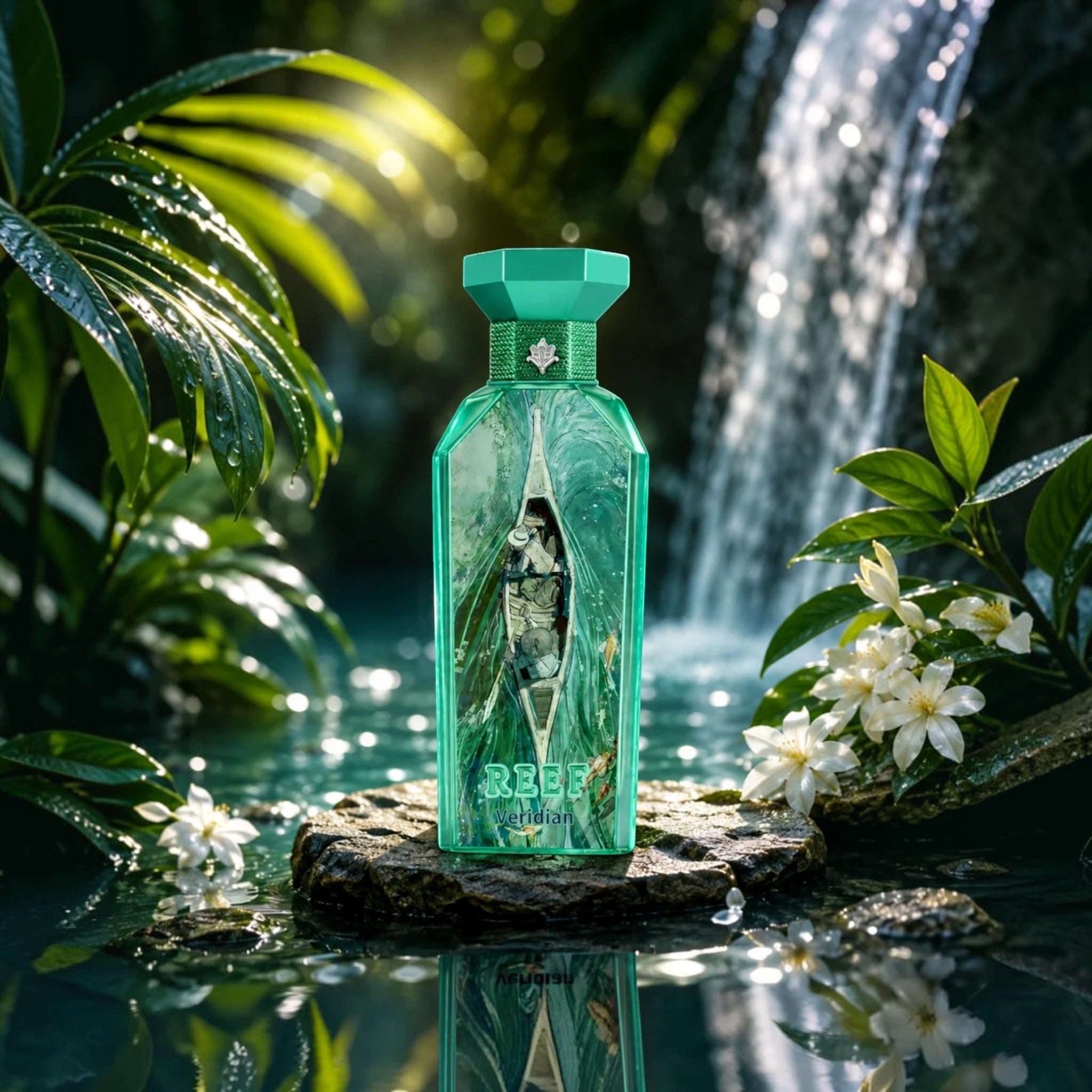 Soghaat REEF Veridian 150ml unisex Eau de Parfum bottle featuring a vibrant green design, set against a tropical waterfall.