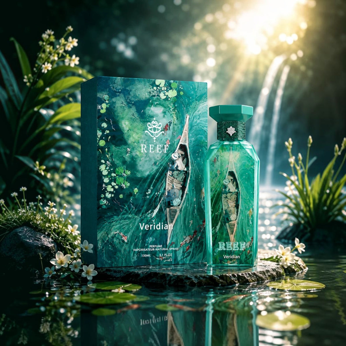 Soghaat REEF Veridian 150ml unisex Eau de Parfum bottle and box set in a lush, magical forest pond setting.