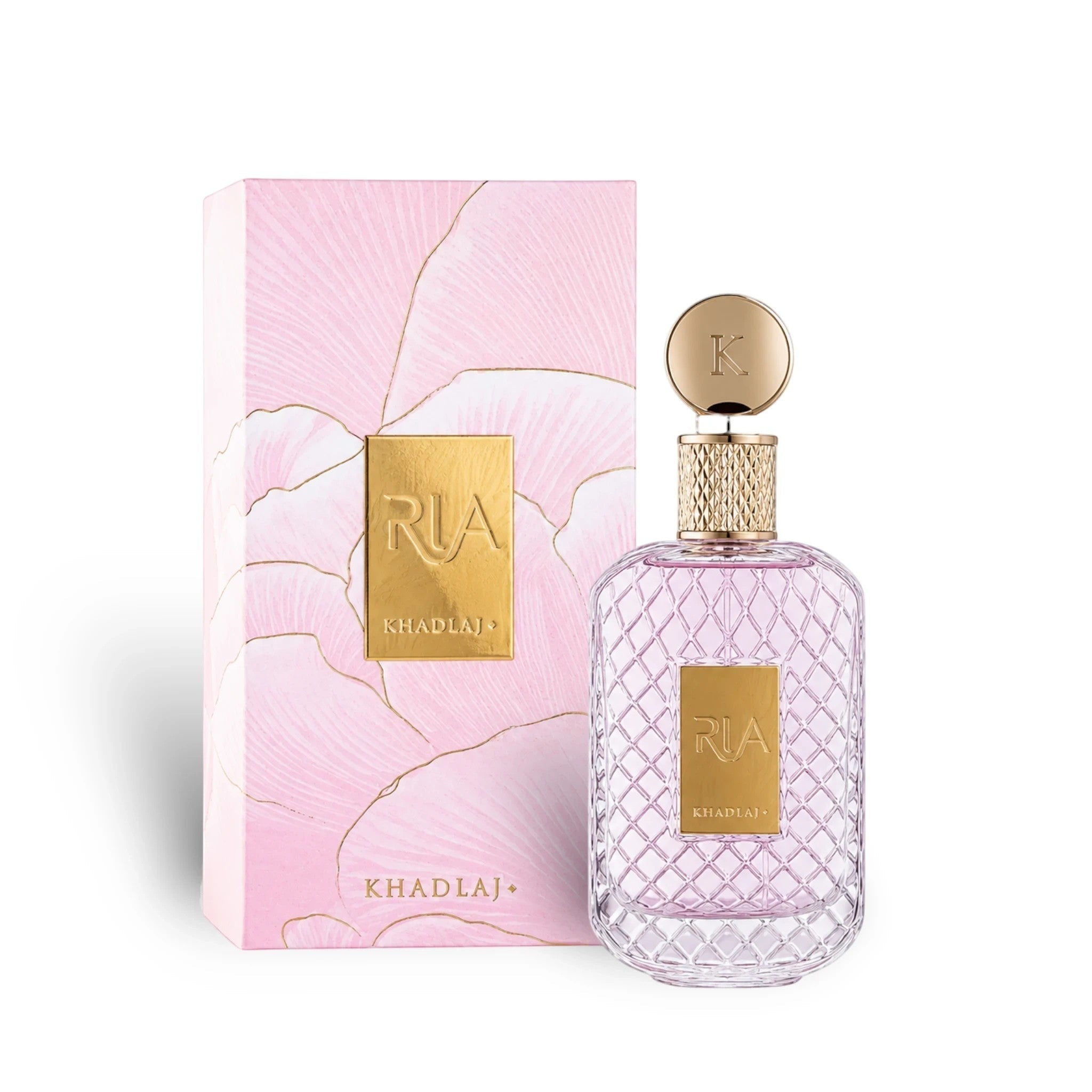Soghaat Ria 100ml Eau de Parfum bottle with pink floral box. Fresh woody aromatic fragrance.