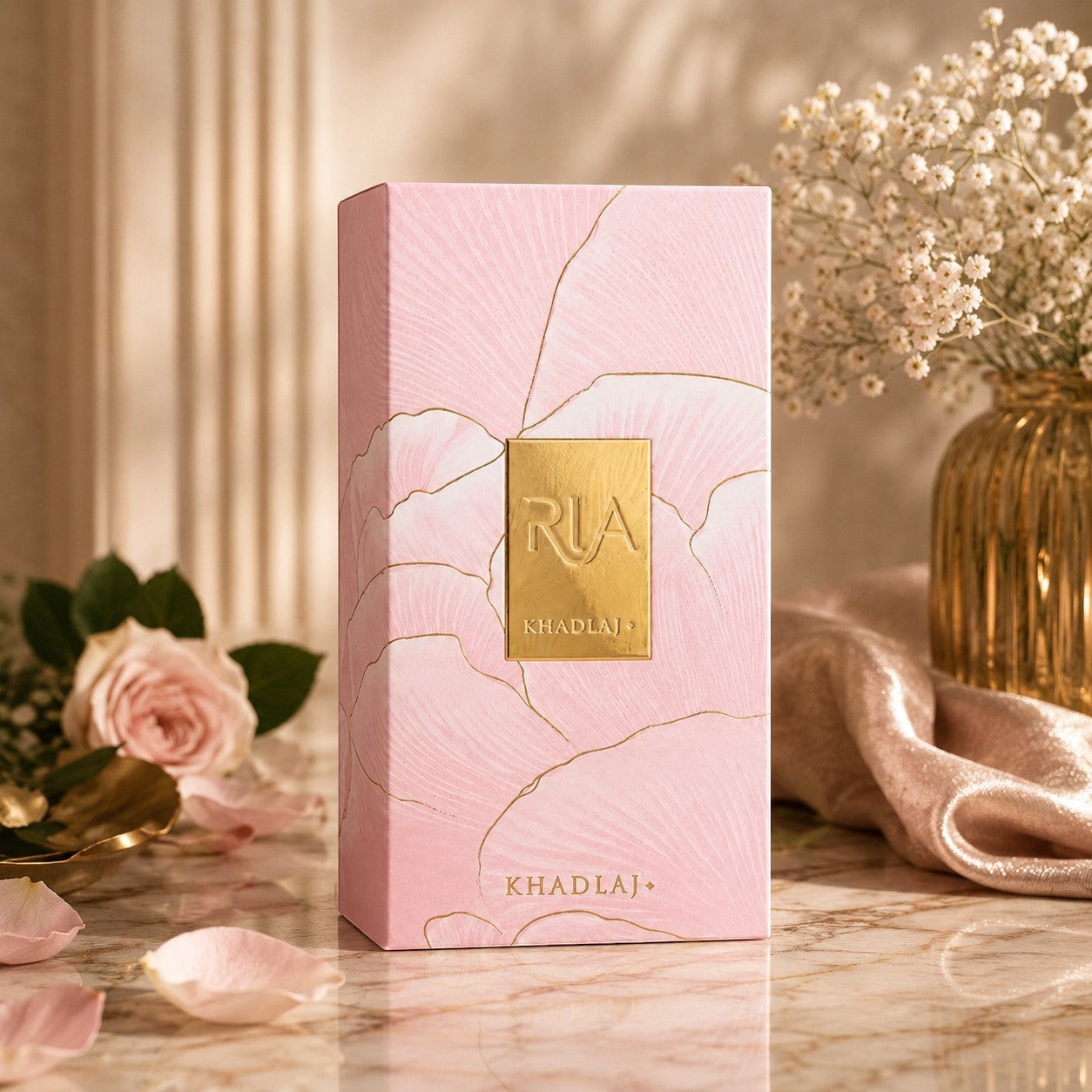 Soghaat Ria 100ml Eau de Parfum box with pink floral design and gold accents. Features roses and baby's breath.