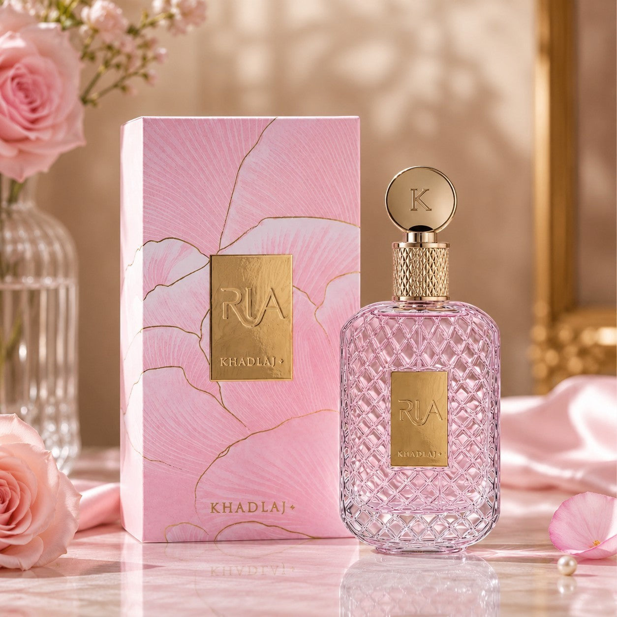 Soghaat Ria 100ml Eau de Parfum in a pink glass bottle with gold accents. Features a floral pink box.