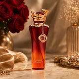 Soghaat RiiFFS Elyssia Scarlet Extrait de Parfum in a sleek red gradient glass bottle with gold accents and a charm.