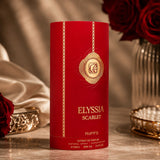 Soghaat RiiFFS Elyssia Scarlet 100ml Extrait de Parfum in a vibrant red cylindrical bottle with gold accents.