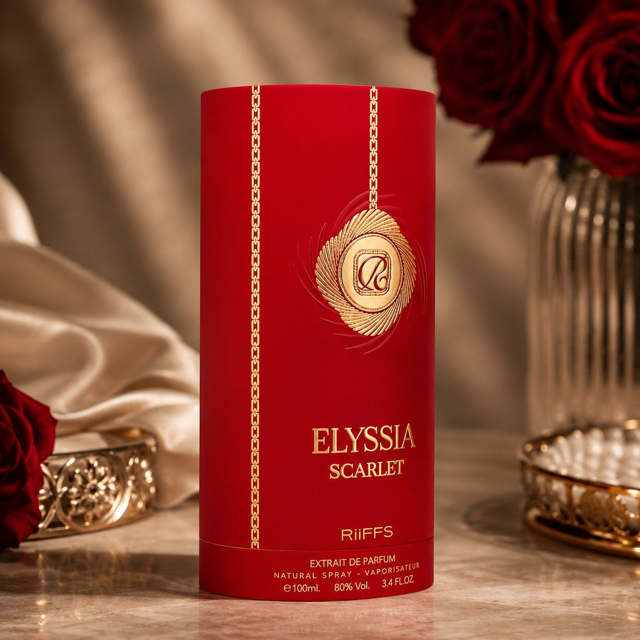 Soghaat RiiFFS Elyssia Scarlet 100ml Extrait de Parfum in a vibrant red cylindrical bottle with gold accents.