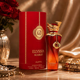 Soghaat RiiFFS Elyssia Scarlet 100ml Extrait de Parfum bottle and red cylindrical box on a table with roses.