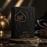 Soghaat RiiFFS Fareed Eau de Parfum for men in a black geometric textured box on a marble surface.