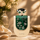 Soghaat RiiFFS Fleurie Emerald Eau de Parfum bottle with green marble-effect glass, floral engravings, and cream base.