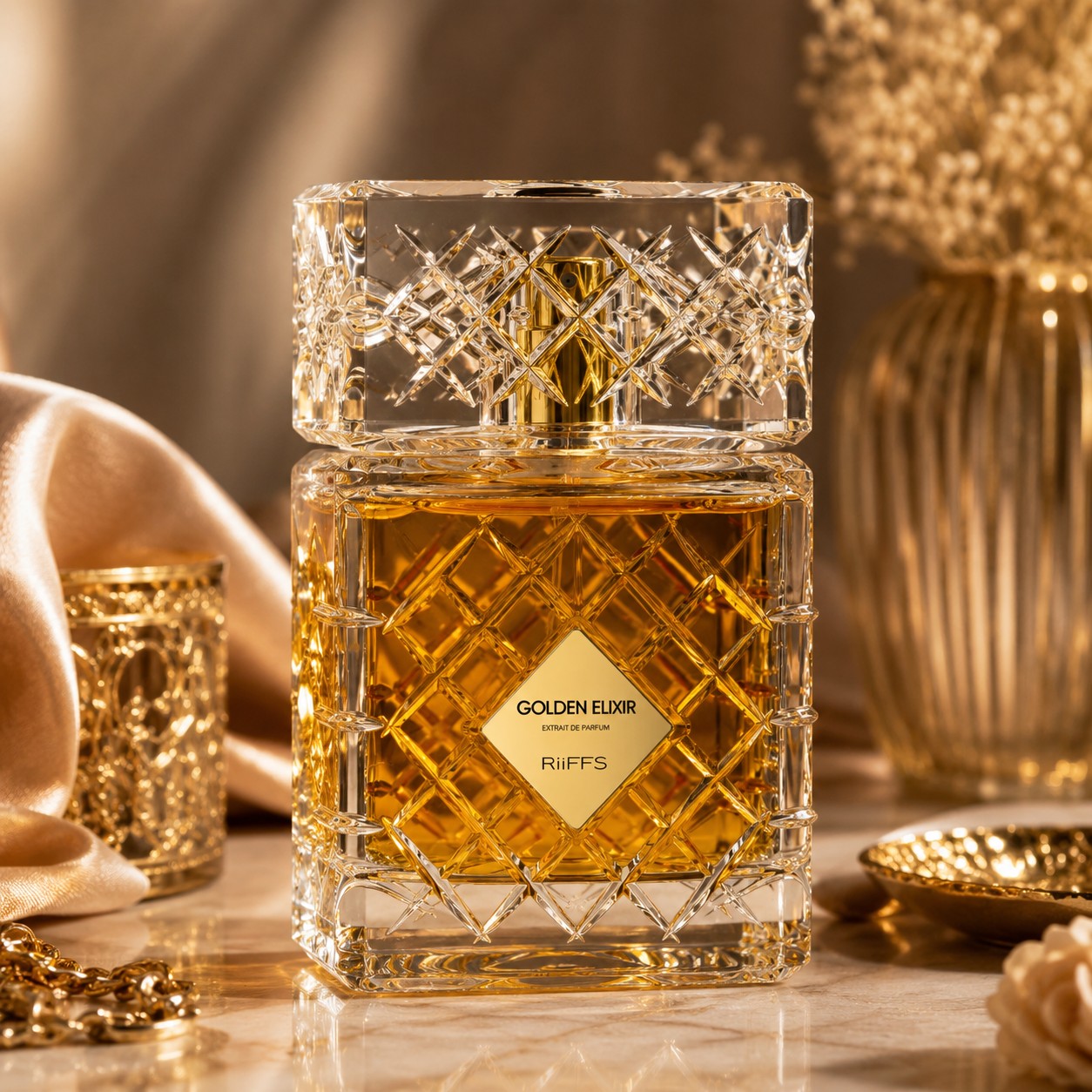 Soghaat RiiFFS Golden Elixir unisex Extrait de Parfum in a luxury faceted glass bottle with amber liquid.