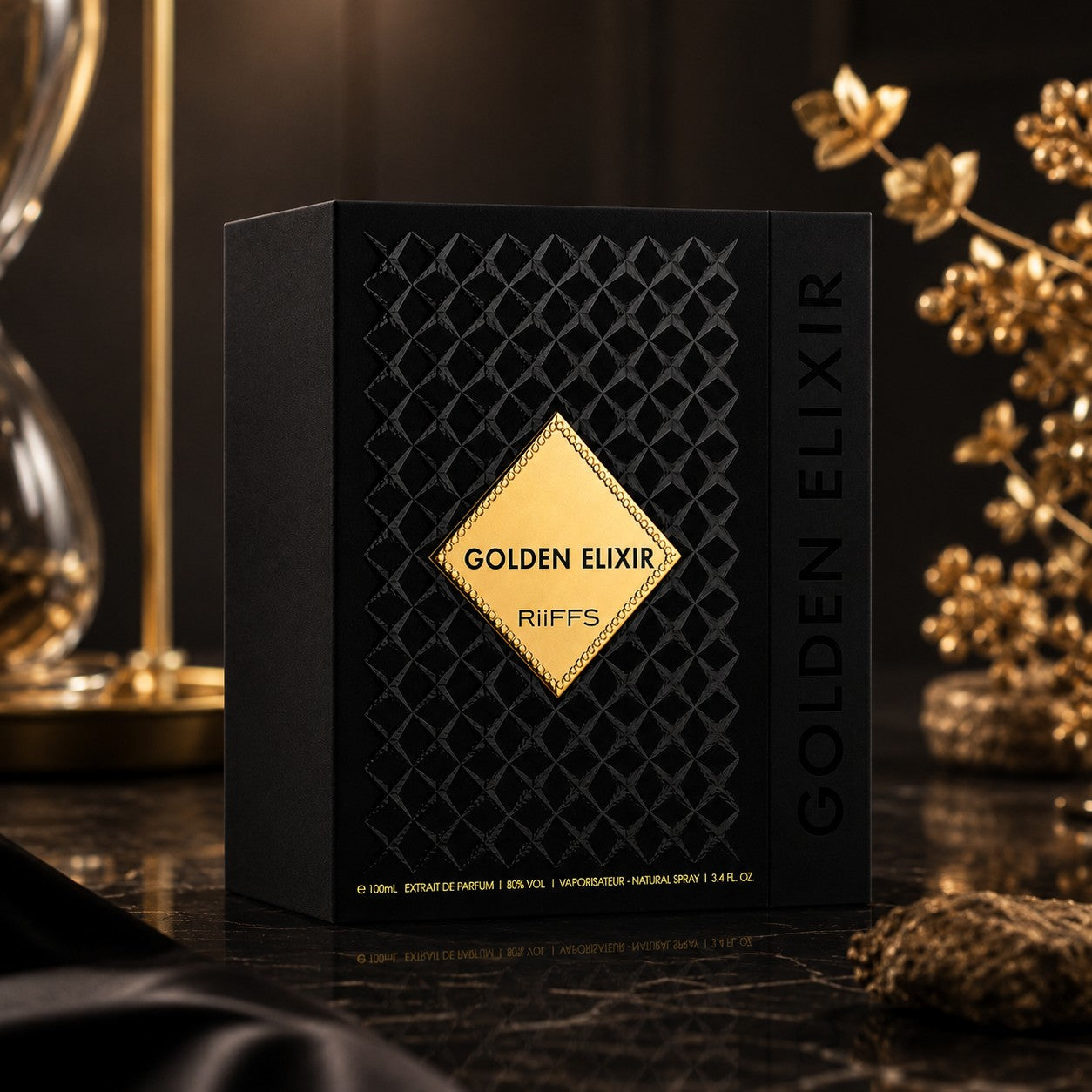 Soghaat RiiFFS Golden Elixir 100ml Extrait de Parfum in a black textured box with a gold diamond-shaped label.