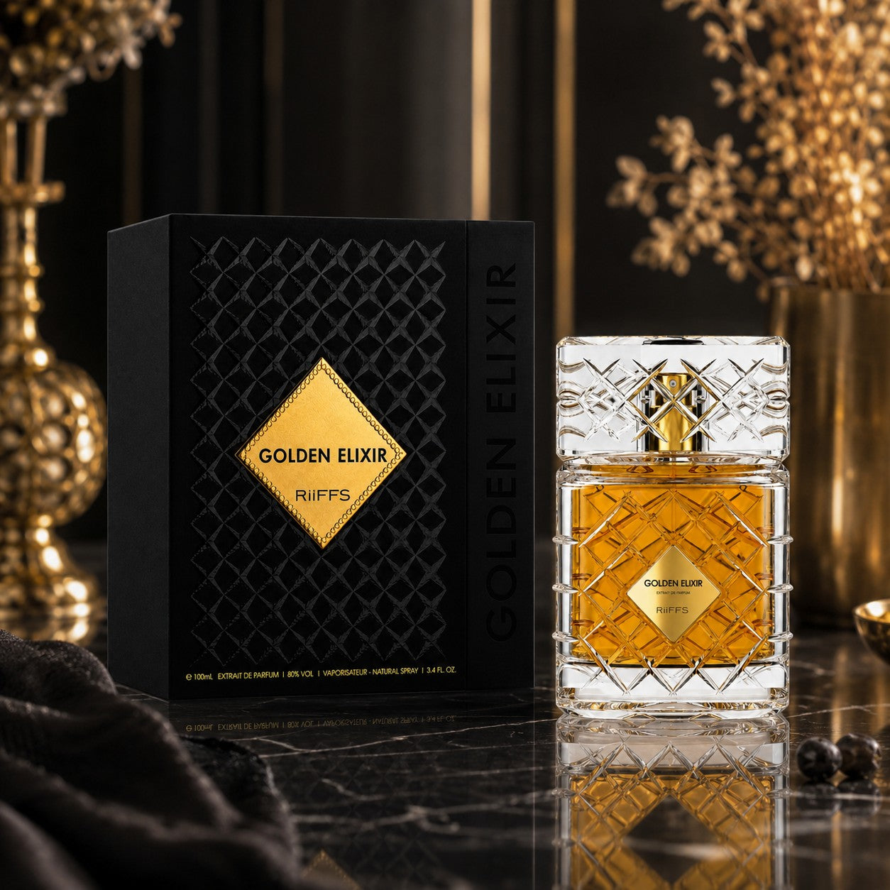 Soghaat RiiFFS Golden Elixir Extrait de Parfum bottle and black textured box on a dark marble surface.