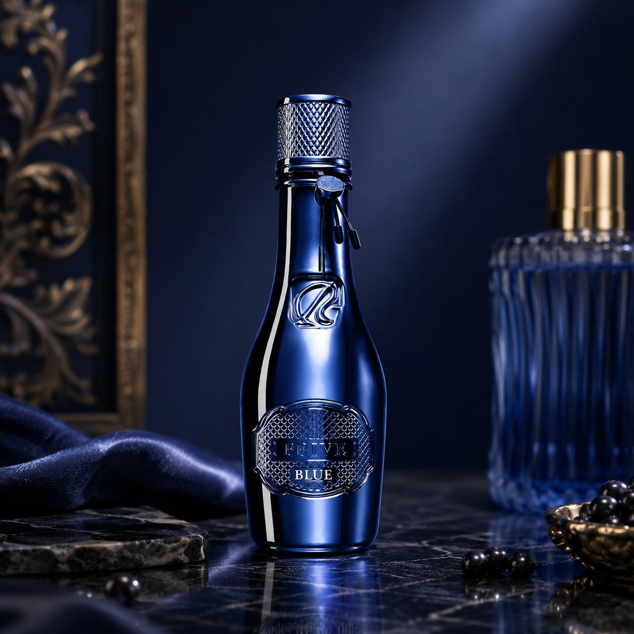 Soghaat RiiFFS Prive Blue Eau de Parfum in a sleek metallic blue bottle with textured cap on a dark marble surface.