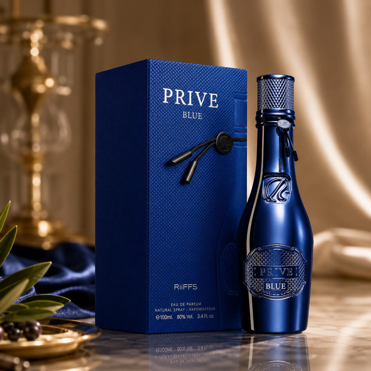Soghaat RiiFFS Prive Blue 100ml Eau de Parfum bottle and textured blue box on a marble surface.