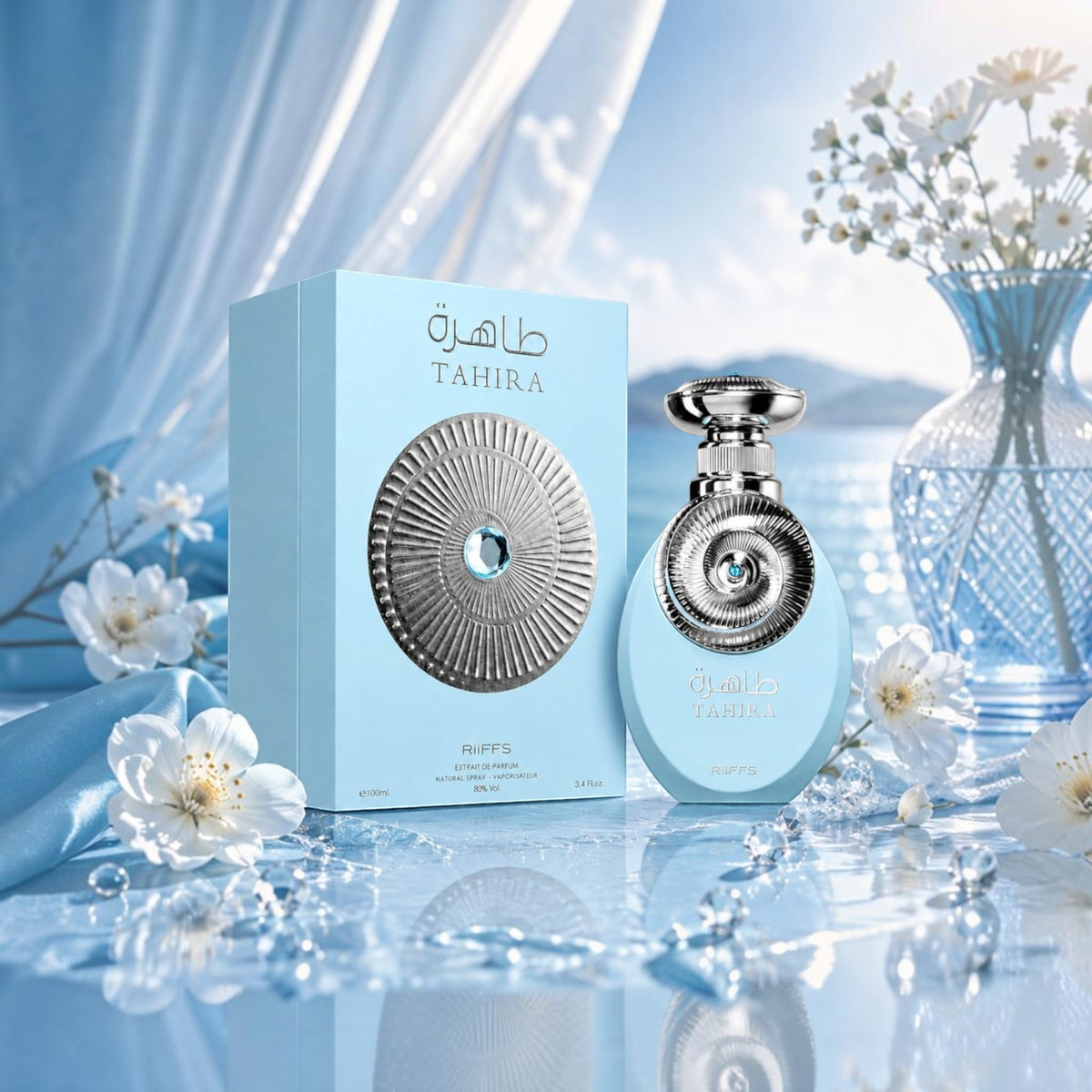 Soghaat Riiffs Tahira 100ml Extrait de Parfum bottle and box in light blue, set against a serene coastal backdrop.