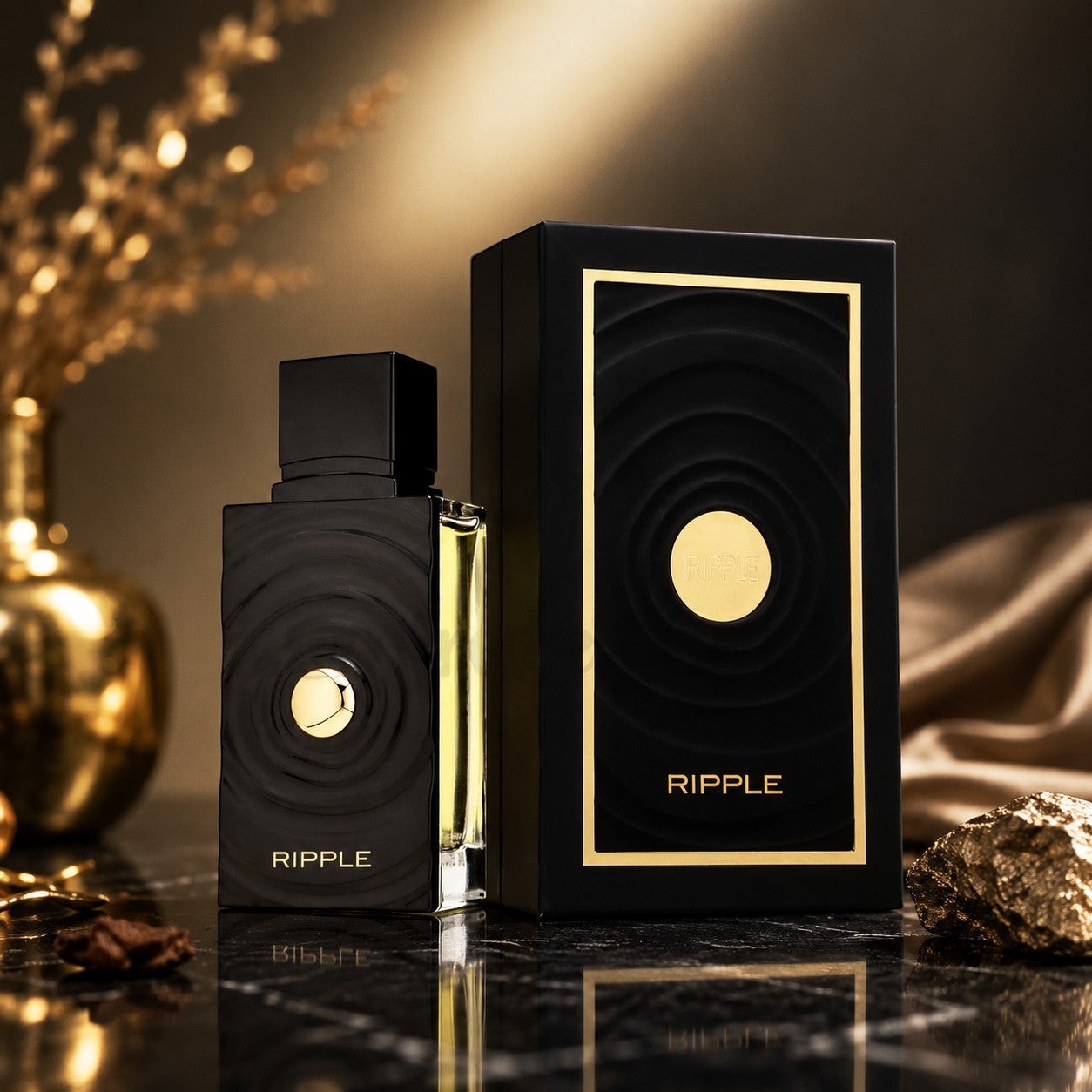 Soghaat Ripple 100ml Extrait de Parfum, a unisex fresh woody aromatic fragrance in a black bottle with gold accents.