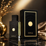 Soghaat Ripple 100ml Extrait de Parfum, a unisex fresh woody aromatic fragrance in a black bottle with gold accents.