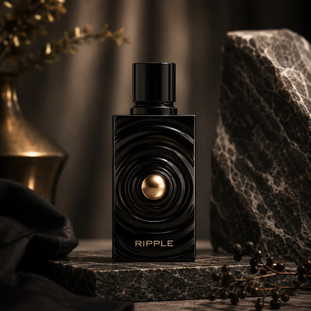 Soghaat Ripple 100ml Extrait de Parfum, a unisex woody aromatic fragrance in a black bottle with a gold accent.