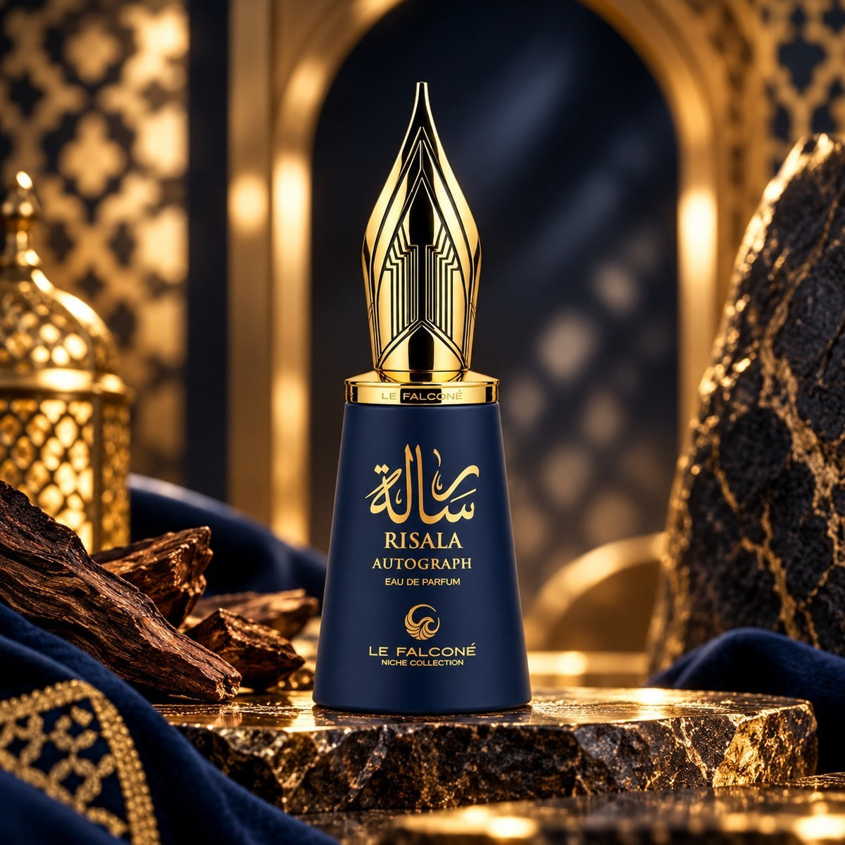 Soghaat Le Falcone Risala Autograph unisex Eau de Parfum in a matte navy bottle with a gold fountain pen nib cap.