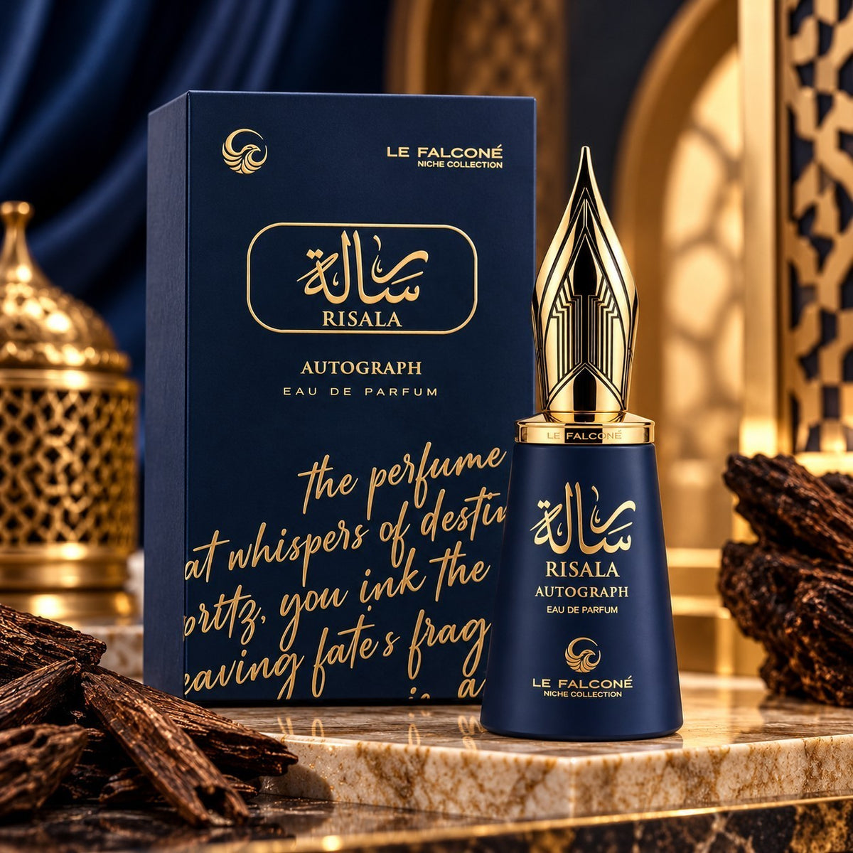 Soghaat Risala Autograph Eau de Parfum by Le Falcone in a dark blue bottle with a gold fountain pen nib cap.