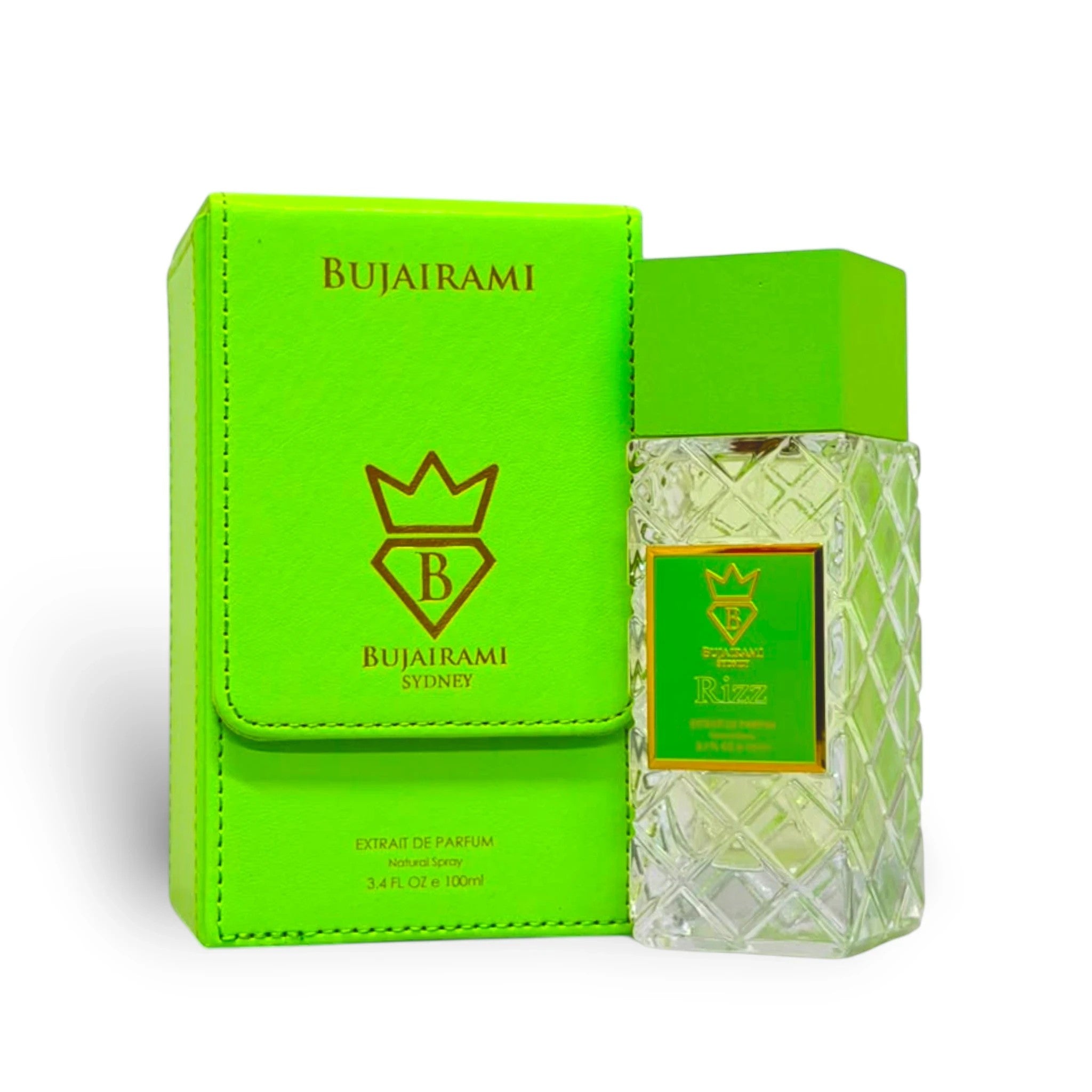 Soghaat Rizz Extrait de Parfum by Bujairami, a unisex fragrance with citrus, spice, and woody notes in a clear glass bottle with a green box.