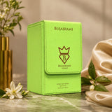 Soghaat Rizz Extrait de Parfum by Bujairami, a unisex fragrance with citrus, spice, and woody notes in a lime green case.