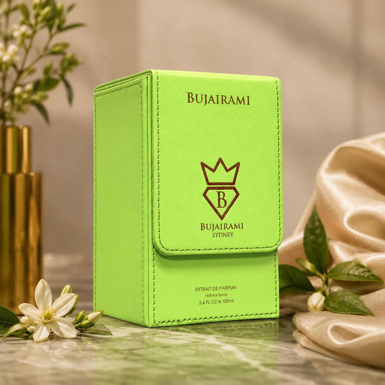 Soghaat Rizz Extrait de Parfum by Bujairami, a unisex fragrance with citrus, spice, and woody notes in a lime green case.