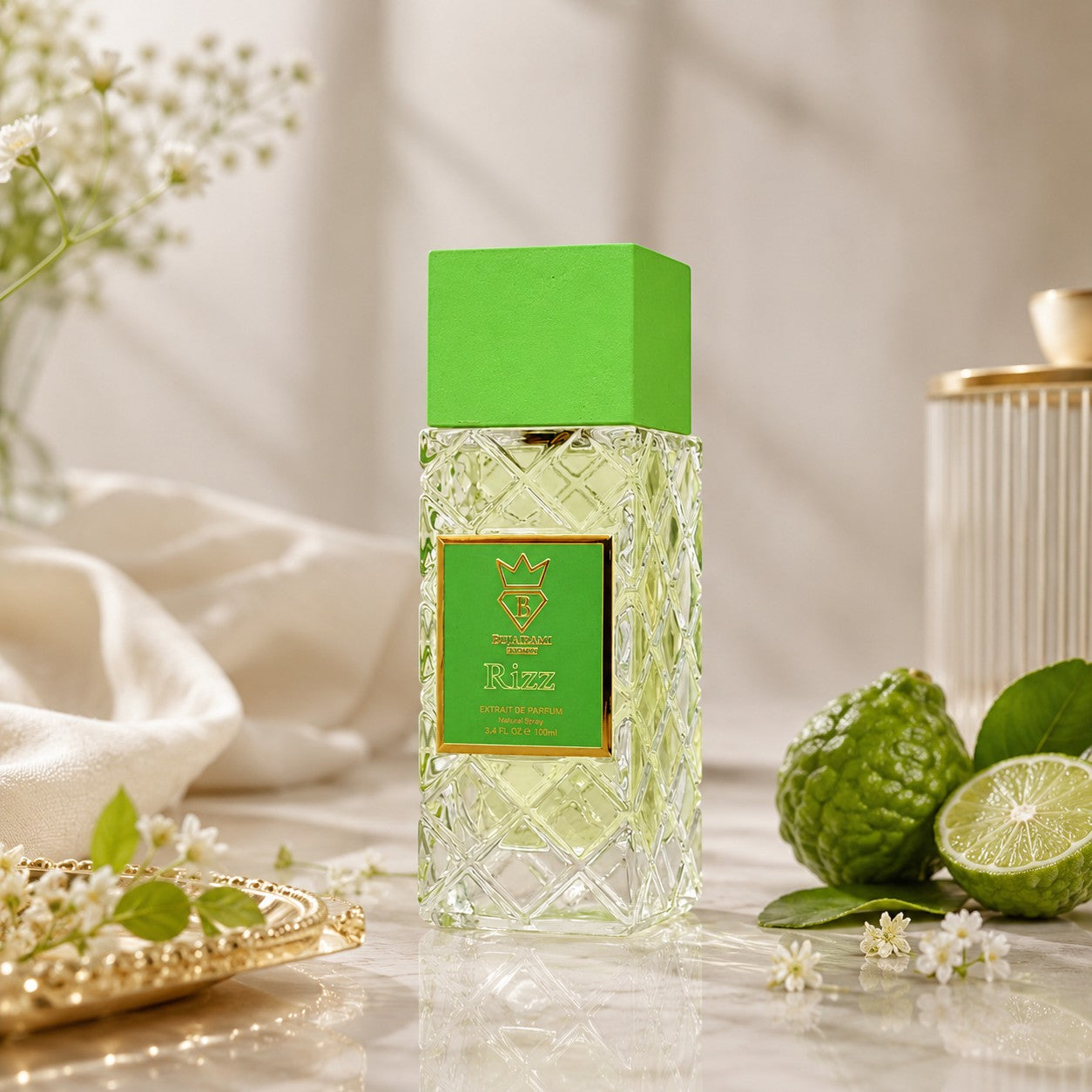 Soghaat Rizz Extrait de Parfum for unisex, a citrus and spice fragrance in a clear glass bottle with a green cap.