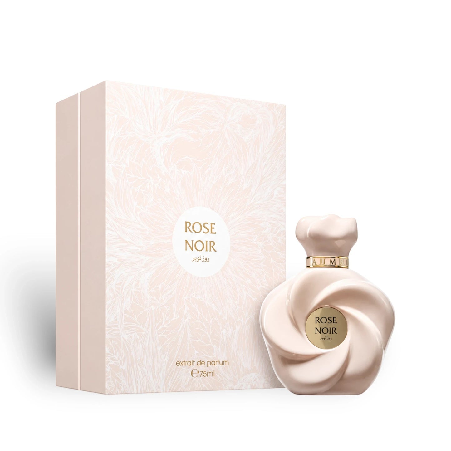 Soghaat Ahmed Al Maghribi Rose Noir Extrait de Parfum 75ml in a pale pink floral box and elegant sculpted bottle.