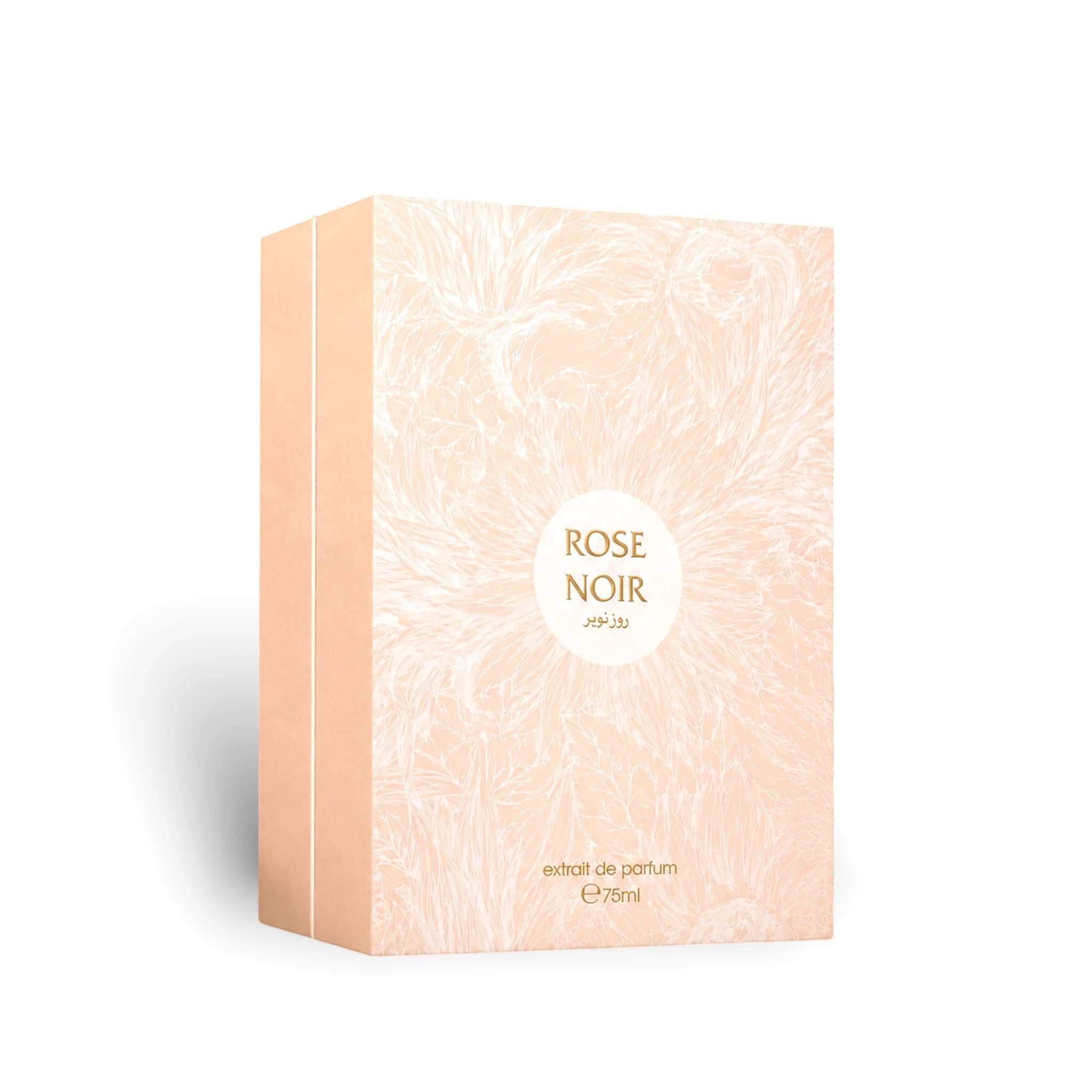 Soghaat Ahmed Al Maghribi Rose Noir Extrait de Parfum 75ml in a soft peach-colored box with elegant floral detailing.