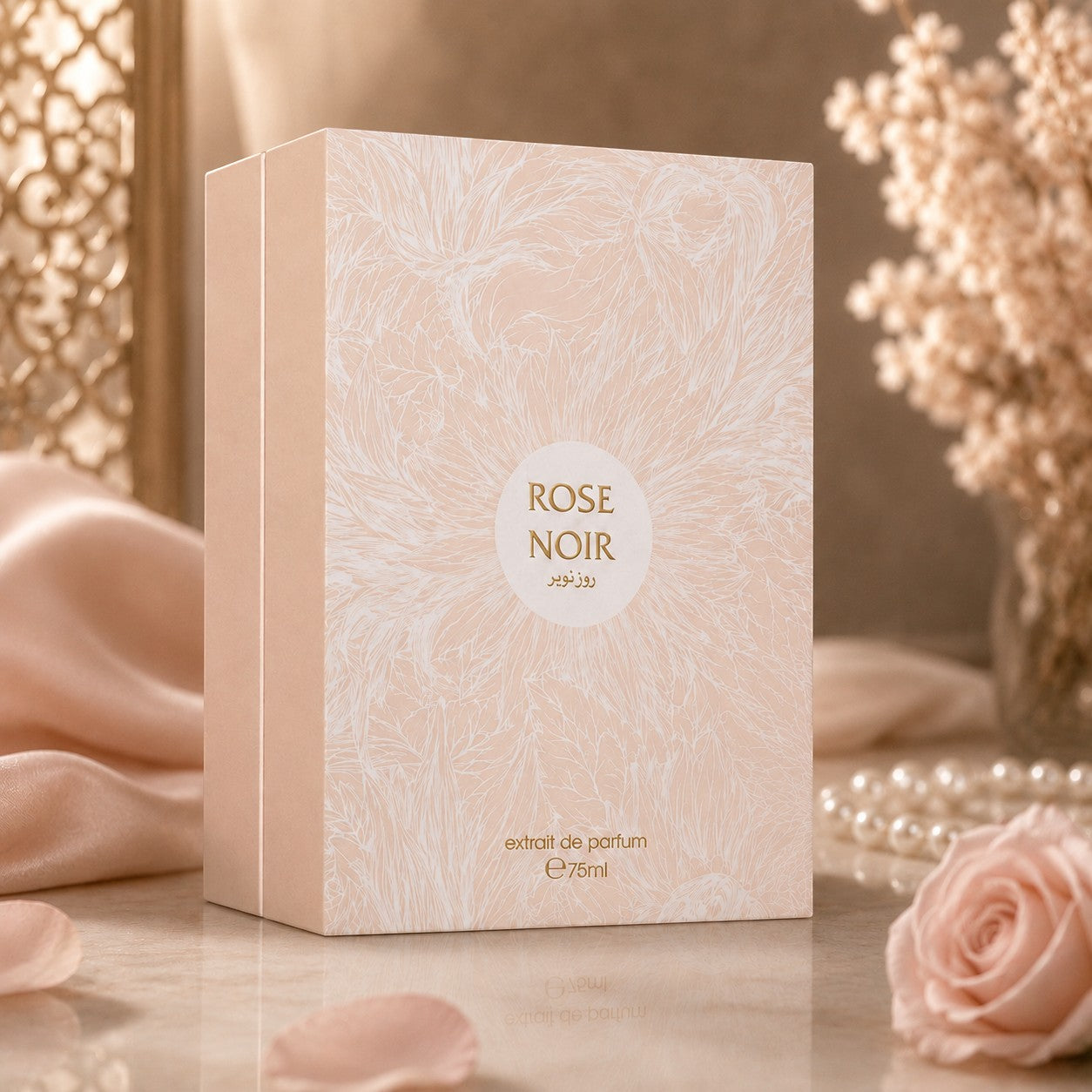 Soghaat Rose Noir Extrait de Parfum 75ml box in soft peach with floral patterns, set with pearls and a pink rose.